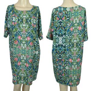 ICHI Womens Shift Dress Vibrant Floral Art Pattern Green & Pink Knee Length Sz S